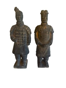 Set Of 2 Terracotta Warrior Figurines Handcrafted Replica Statues Black 8" Tall - Picture 1 of 6