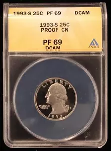 1993-S WASHINGTON QUARTER PROOF UNC ANACS PF69 DCAM DEEP CAMEO US COIN 769 - Picture 1 of 1