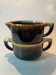 MCM Drip Glazed Stackable Brown Creamer and Sugar Set - Picture 1 of 9