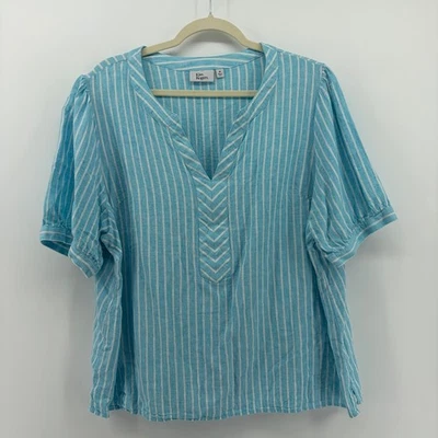 Blusa casual Kim Rogers tamanho 1X listrada azul branca gola V manga curta mistura de linho - Imagem 1 de 4
