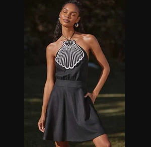 Neu L Farm Rio x Anthropologie Leinenmischung schwarz Überwurf Jakobsmuschel Muschelkleid - Bild 1 von 11