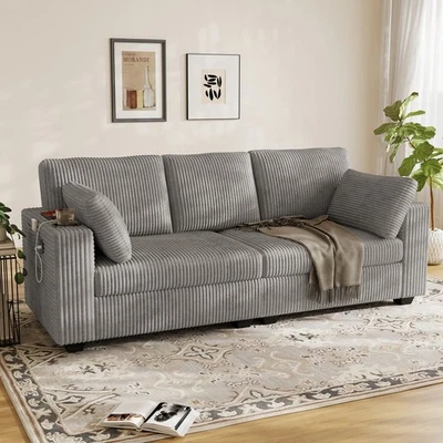 Sofá moderno de 3 lugares assento profundo com porta-copos e porta USB, bolso lateral - Imagem 1 de 4