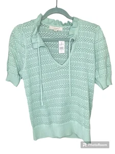 LOFT Shirt Womens Medium NEW Pointelle Tie Neck Sweater Tee Mint Green Feminine - Picture 1 of 9