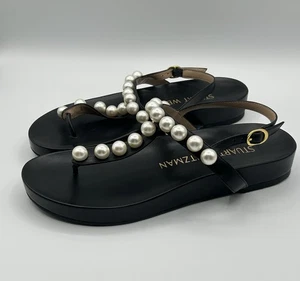 Stuart Weitzman Goldie Pearl Demi Wedge Thong Sandals in Black Size 7.5 - Picture 1 of 9