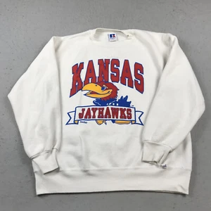 VINTAGE Kansas Jayhawks Sweatshirt Mens Large White Russell Athletic Crewneck - Picture 1 of 9
