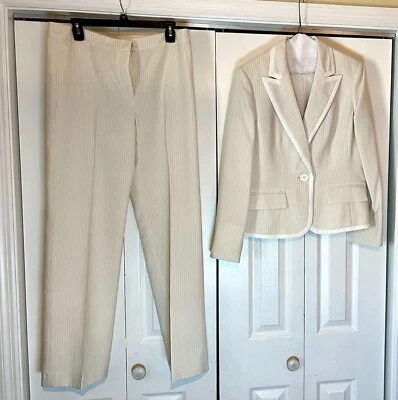 Vintage 80s Evan Picone Pants Suit Size 8 Light Beige Thin Stripes White Trim - Image 1 of 4