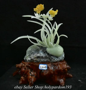 16" Chinese Natural Green Xiu Jade Fengshui Orchid Butterfly Stone Statue - Picture 1 of 12