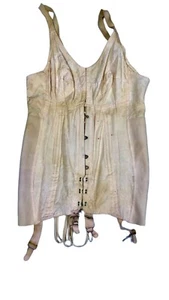 RARE Vtg L 40 CORSELETTE 4 Garters Open Bottom Corset Girdle Brocade Adonna pink - Picture 1 of 11