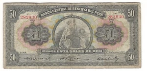 BANCONOTA 50 SUOLE D'ORO 1954 PERÙ LIMA - Foto 1 di 2