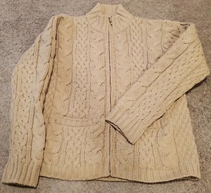 Inis Crafts 100% Merino Wool Cable Knit Zip Cardigan Sweater Ireland Wm's Sz L - Picture 1 of 6