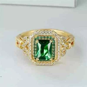2.5Ct Emerald Cut Moissanite Green Emerald Wedding Ring 14K Yellow Gold Plated - Picture 1 of 7