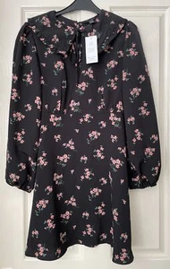 New Look Petite Betty Black Floral Collared Long Sleeve Dress Size 12 - BNWT - Picture 1 of 4