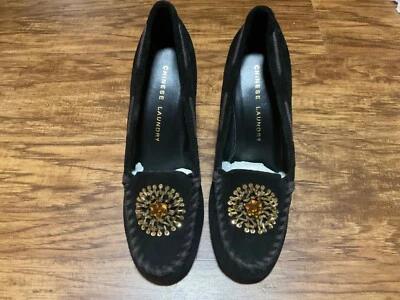 Mujer Chino Lavandería 8.5 M NUEVO Negro Gamuza CUERO Cammie Stiletto Bomba Foto 1 de 4