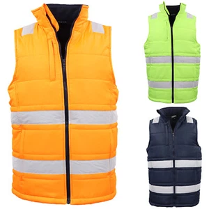 Hi Vis Puffer Workwear Vest Zip Up w Reflective Tape Quilted Puffy Tradie Jacket - Picture 1 of 14