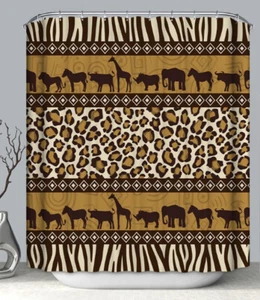 African Safari Fabric SHOWER CURTAIN 70" w/Hooks Leopard Zebra Brown Tan Animals - Picture 1 of 1