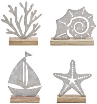 Maritime Aufsteller aus Metall mit Holzsockel - 4 Set - Seestern Koralle Muschel - Bild 1 von 2