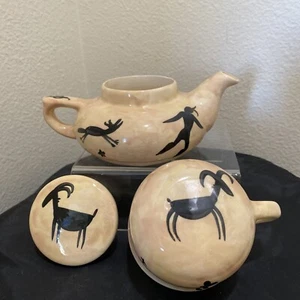 Signed Art Pottery Teapot Set Hand Painted Pictographs Southwest Cup Lid Pot - Picture 1 of 24