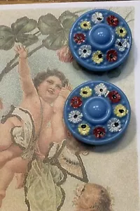 Set of 2  Large Vintage Blue  15/16” painted flower  Ring Glass Buttons~ NOS - Picture 1 of 1