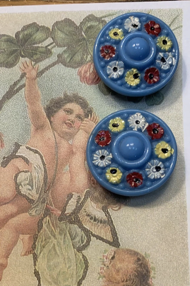 Set of 2  Large Vintage Blue  15/16” painted flower  Ring Glass Buttons~ NOS - Image 1 of 1