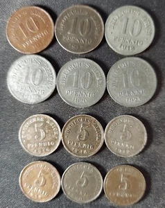 12 monete Weimar/Impero tedesco 6 - 10 pfennig 6 - 5 pfennig 1916 17 18 19 20 21 2 - Foto 1 di 12