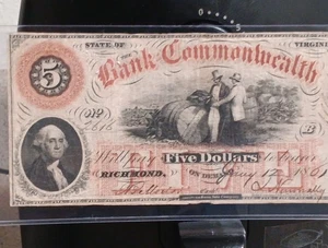 1861 Bank Of Commonwealth Richmond Virginia Obsolete Note Uncirculated Beautiful - Picture 1 of 7