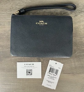 COACH Cross Grain Leather Corner Zip Wristlet Wallet #58032 NEW - Midnight Blue - Picture 1 of 6
