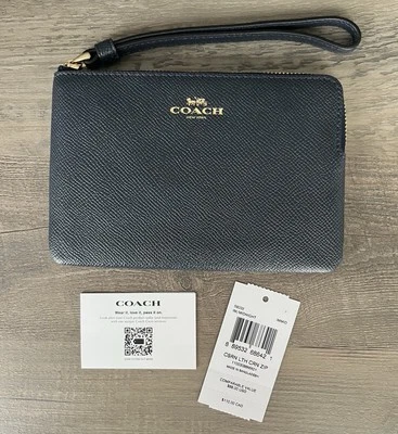 Cartera Muñequera COACH Grano Cruzado Cuero Esquina Cremallera #58032 NUEVA - Azul Medianoche Foto 1 de 4