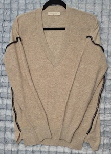 LoveStitch Pullover tiefer V-Ausschnitt braun Damen Medium schwarz Steppstich leicht - Bild 1 von 4