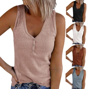 Damen Tank Top T-Shirt Button Down Solid V-Ausschnitt Ärmelloses Top - Bild 1 von 19