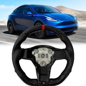 Fits For Tesla Model 3 Or Y  Genuine Carbon Fibre Steering Wheel Red Ring New - Picture 1 of 6