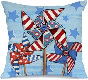 4Th of July Pillow Covers 18X18 Inch Windmills Stars Decor Patriotic Holiday Pil - Picture 1 of 12