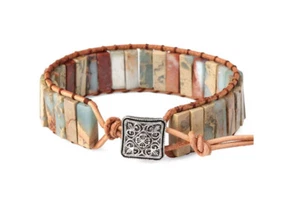 Armband Leder handgefertigt tibetischer Stil Chakra und Natur, Steine pastel - Bild 1 von 2