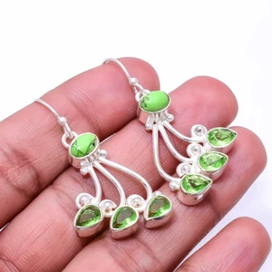 Green Amethyst, Green Turquoise Multi Collet 925 Sterling Silver Earring 1.68" E - Picture 1 of 3
