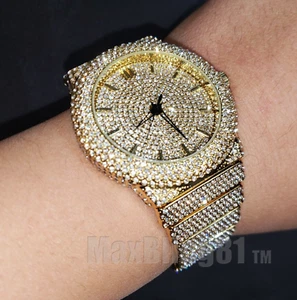 Men Luxury Bling Gold Finish Simulated Diamond Bracelet Full Iced Band Watch - Picture 1 of 3