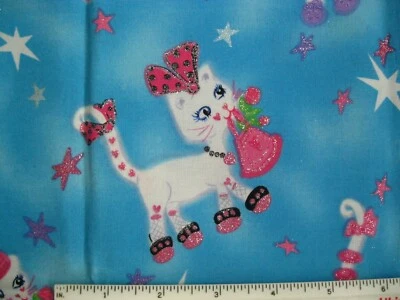 Cats Carrying Purses Fabric 17" x 44" Sparkly Fashionistas Girly Glitzy Blue - Image 1 of 4