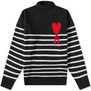 AMI PARIS LARGE A HEART CREW VIRGIN WOOL KNIT SWEATER, BLACK & RED, SIZE SMALL