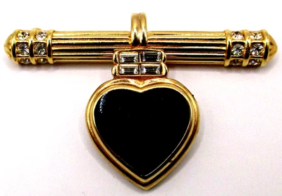 De colección Kenneth Jay Lane Negro Esmalte Corazón Dije Oro Colgante Prendedor Estrás Foto 1 de 4