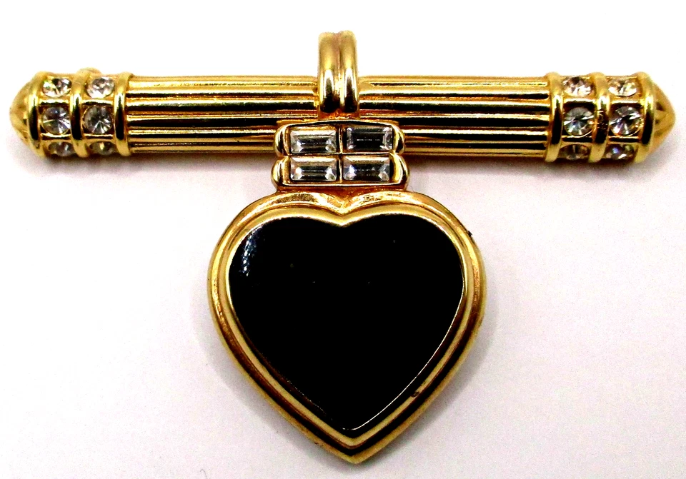 De colección Kenneth Jay Lane Negro Esmalte Corazón Dije Oro Colgante Prendedor Estrás Foto 1 de 4