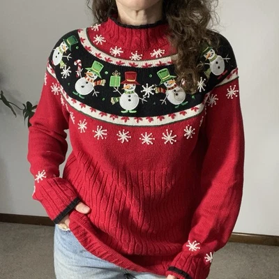 NWT VINTAGE DRESSBARN XL Embroidered Snowman Christmas Sweater Fair Isle Beaded - Image 1 of 4
