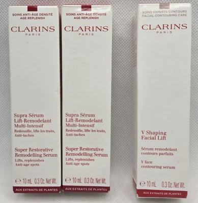 Lote Clarins Super Restorative Serum 0,3 oz (2x) + V Shaping Facial Lift 0,3 oz - Imagem 1 de 4