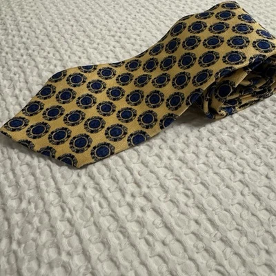 Corbata Van Heusen para hombre 100 % seda dorada y azul marino patrón de círculo geométrico clásico Y2K Foto 1 de 4