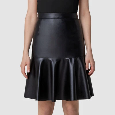 $495 Akris Punto Womens Black Vegan Leather Banded Waist Pleated Skirt Size US 2 - Image 1 of 3