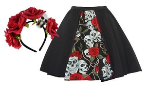 Adults Mexican Day of The Dead Panel Skirt & Headband Halloween Fancy Dress - Picture 1 of 3