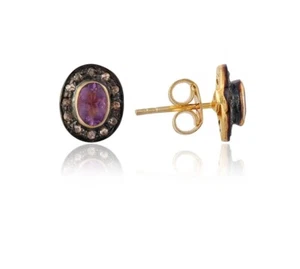 Amethyst Gemstone &Pave Diamond Stud Handmade Designer Stud Earring 925 Silver - Picture 1 of 7
