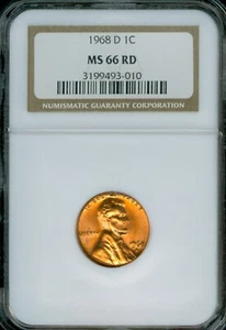 1968-D Lincoln cent Graded MS66 RD by NGC - Picture 1 of 3