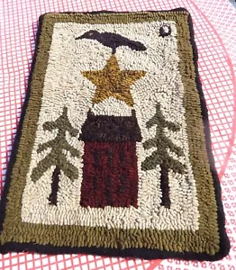 PRIMITIVES Hand Hooked Wool Rug - Vibrant Color - Crow, Star, Home - Picture 1 of 5