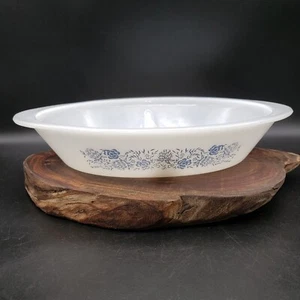 McKee Glasbake Divided Casserole Blue Clover 12" Milk Glass Opal VTG Chip Rim - Picture 1 of 10