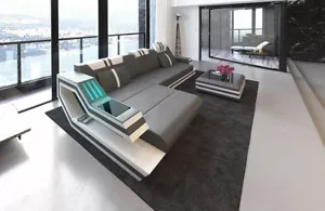 Corner sofa leather sofa RAVENNA L design sofa with LED lighting USB Gray White - Picture 1 of 8