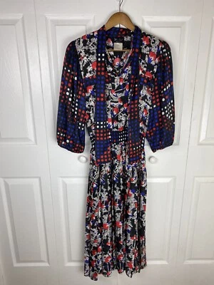 Vestido De Colección Diane Freis Georgette Maxi MIDI Cintura Calada Manga 3/4 Cuello Atado Foto 1 de 4