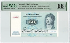 DENMARK 50 Kroner 1992, P-50J, PMG 66 EPQ Gem UNC Scarce, Beautiful Banknote - Picture 1 of 2